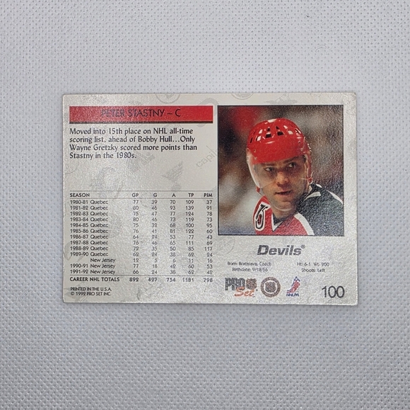 1992-93 NHL Pro Set Peter Stastny New Jersey Devils #100 Hockey Card - Picture 3 of 4